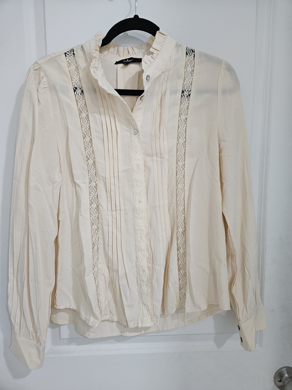 Lulu's Cream Ruffled Lace-Trim Pintuck Blouse